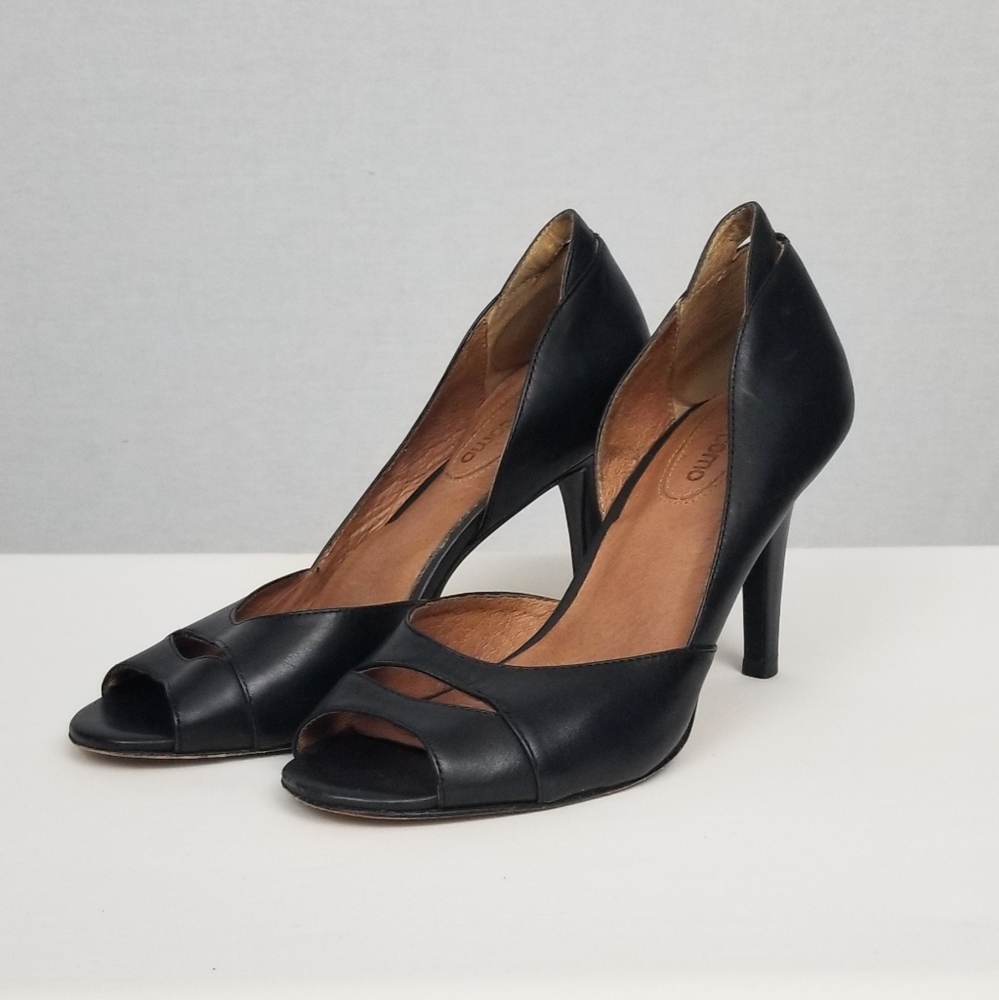 Black Leather Peep-Toe Stilettos